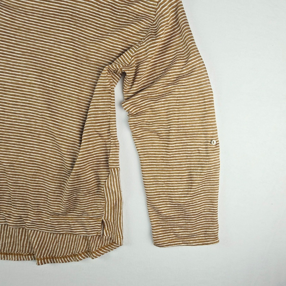 C&C California Striped Linen Hoodie Women XL Tan White Roll Tab Sleeve Pullover - Picture 4 of 9